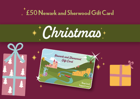 A Newark and Sherwood Gift Card graphic surrounded by presents and sparkles.
